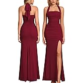 Women Bodycon Maxi Dress High Slit Halter Tie Ruched Long Formal Cocktail Wedding Guest Dresses