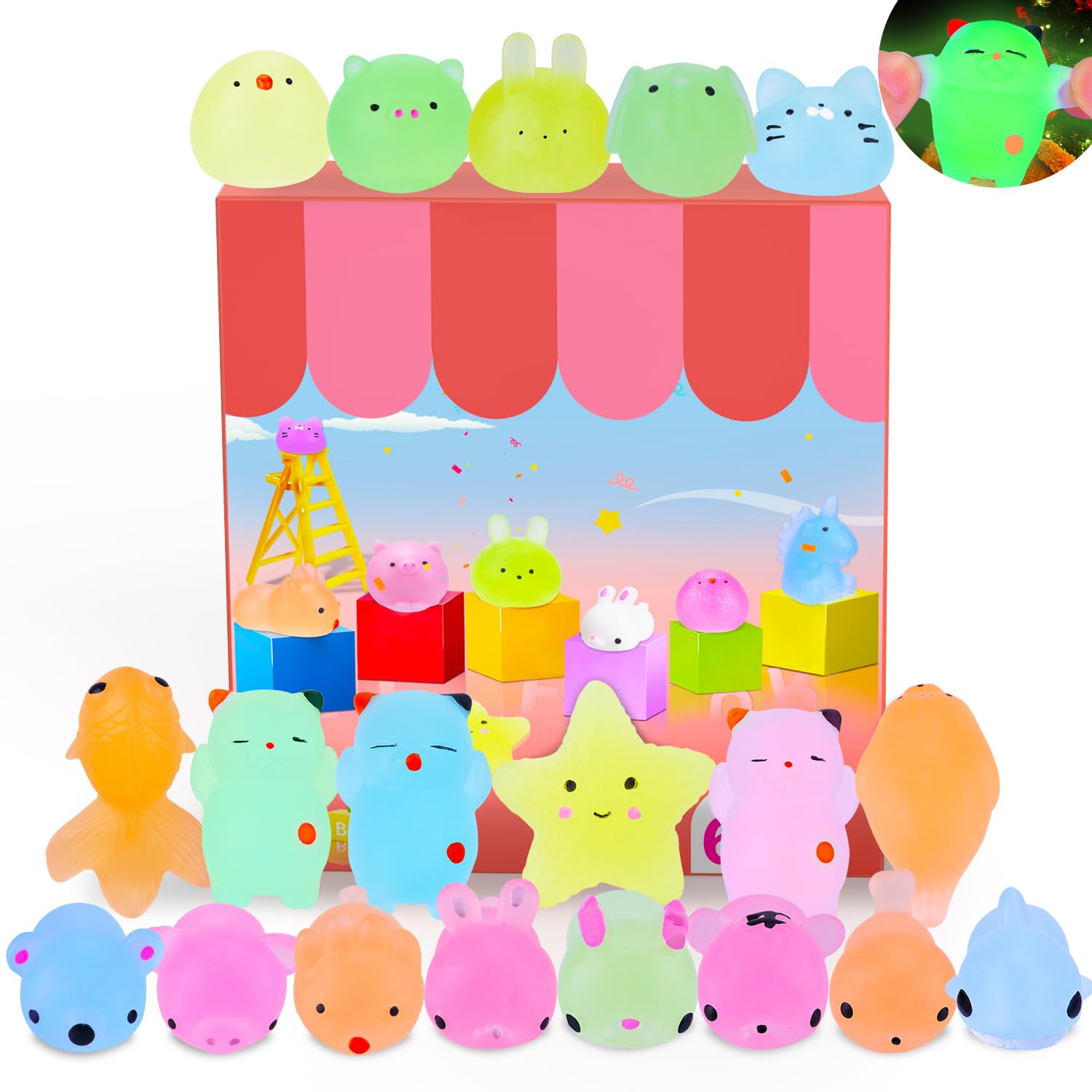 30Pcs Fluorescent Mochi Squishy Toys Glow In The Dark Squishies Luminous Squishies Mini Soft Land Marine Animal Squishy Glitter Super Squash Party Bag Filler Toys For Kids