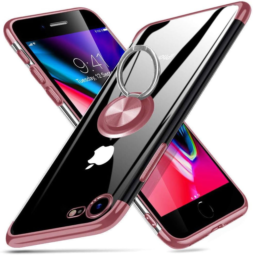 ZHIYIJIA iPhone 7 / iPhone 8 Case Clear Slim Ring Holder Soft TPU Thin Transparent Case Anti-Scratch Shockproof Impact Holder for Magnetic Car Mount Rose Gold
