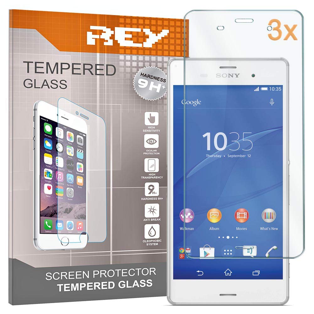 REY Screen Protector for SONY XPERIA Z3, Tempered Glass Film, Premium quality, [Pack 3x]