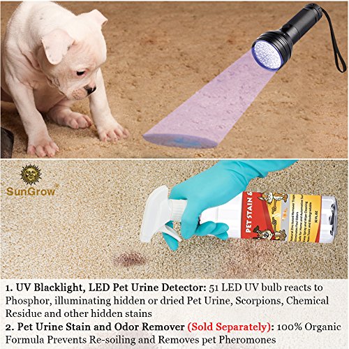 image for SunGrow UV Flashlight for Pet Urine - Handheld Blacklight for Bed Bugs