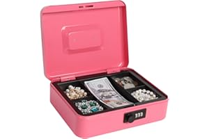 Kasten Cash Box with Combination Lock, Metal Cash Box with Money Tray, 9.84"x 7.87"x 3.54", Medium Pink