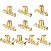Lidertik 10 Pack Brass PEX Reducing Tee, 1/2" to 3/4" PEX F1807 Tee Fitting