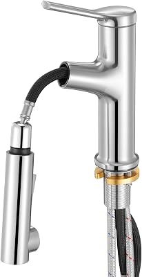 Grifo de Lavabo en Níquel Cepillado y Acero Inoxidable, Grifo de Cocina con Rociador Extraíble, Mezclador Monomando para Baño, Caravana, Bar, Resistente a la Corrosión, 260 x 210 x 52 mm