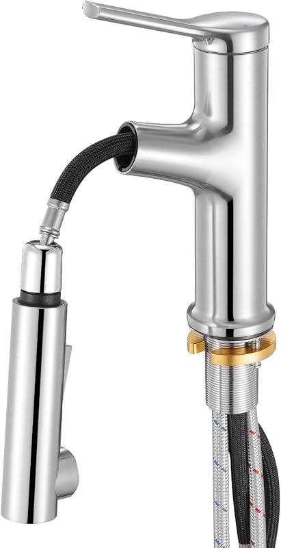 Grifo de Lavabo en Níquel Cepillado y Acero Inoxidable, Grifo de Cocina con Rociador Extraíble, Mezclador Monomando para Baño, Caravana, Bar, Resistente a la Corrosión, 260 x 210 x 52 mm