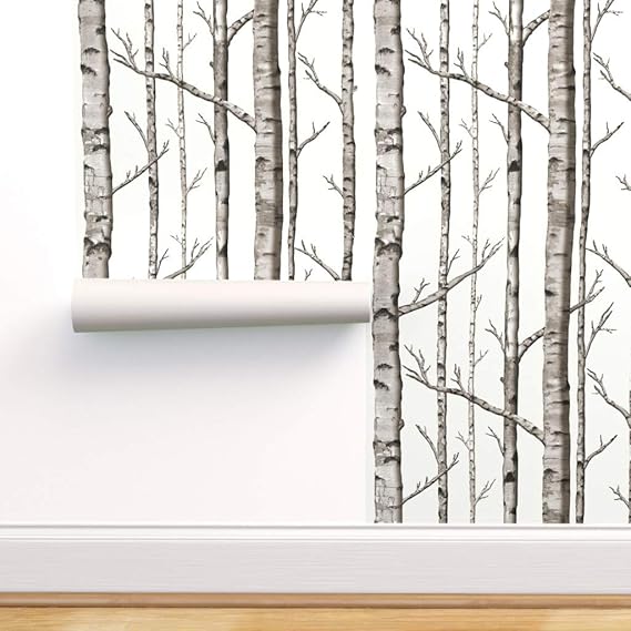 Spoonflower PrePasted Removable Wallpaper, Birch Forest Woodland Trees