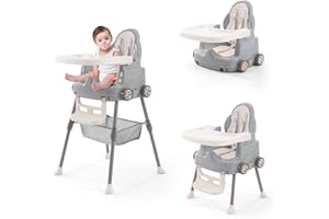 JAOUL High Chairs for Babies and Toddlers, Portable 3 in 1 High Chair, Adjustable Convertible Compact Infant Baby Feeding Chair Booster with Detachable Double Tray, 5 Point Harness, Foot Rest Gray