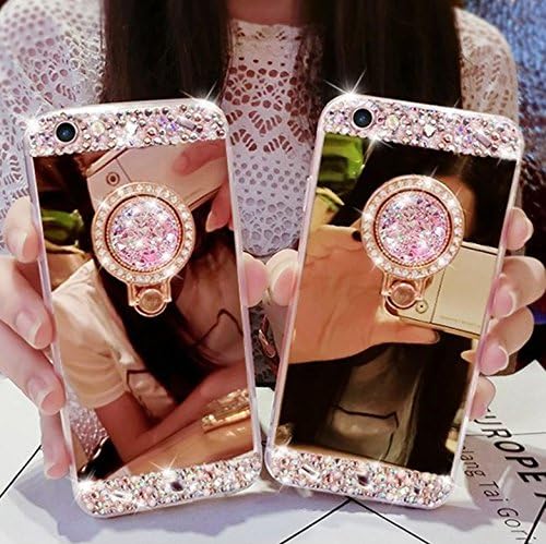 iPhone 7 Plus Case, Fashion Girl Lady Crystal Rhinestone Soft Rubber Bumper Bling Diamond Glitter Mirror Makeup Case with Ring Stand Holder for iPhone 7 Plus (Rose Gold)