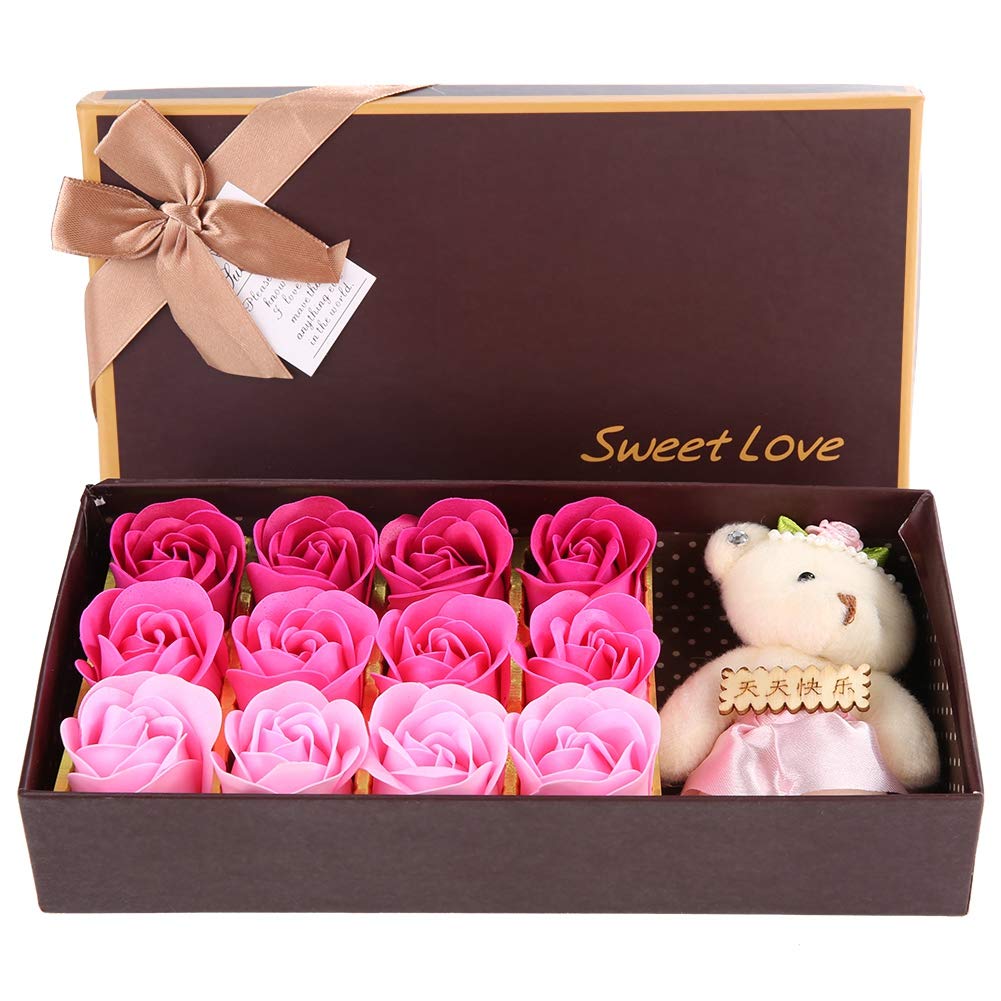 Pink Rose Soap Flower & Plush Bear Gift Set, 12 Rose Soap Flowers in Elegant Gift Box, Romantic Fragrant Soap Roses for Valentine's Day Anniversaries Birthdays Showing Love and Appreciation