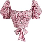 WDIRARA Women's Floral Print Puff Short Sleeve Crop Blouse Summer Boho Sweetheart Neck Zipper Back Top