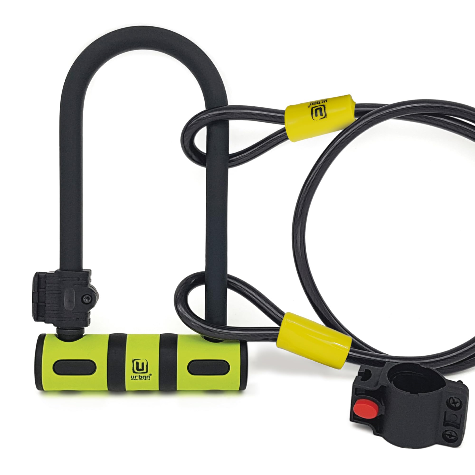 URBAN UR80150B Bicycle U Lock, High Strength, Lightweight + More Secure and Practical Cable, Fork ø13mm/0.51in Hardened Steel Double Locking, Easy Transport Holder, Anti Theft for Bike E Scooter Ebike