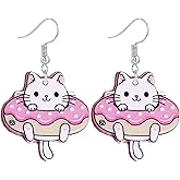 LPYO Book Cat Earrings for Women Trendy Acrylic Cute Kawaii Donut Cat Dangle Earrings Handmade Lightweight Aesthetic Cartoon Cat Statement Drop Earrings Jewelry Gifts