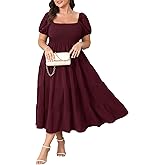 SHESTARR Womens Plus Size Casual Dress Short Puff Sleeve Square Neck Smocked Tiered Summer A Line Flowy Long Maxi Dresses
