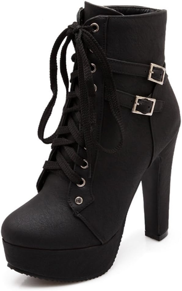 Blivener Women Sexy Ankle Boots High Heel Western Heel Lace Up Platform Short Boots