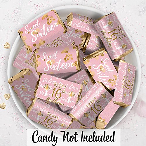 Pink and Gold Sweet 16 Mini Chocolate Candy Bar Wrappers - - Want It All