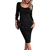 ECDAHICC Womens Ribbed Knit Long Sleeve Bodycon Dress Casual Square Neck Solid Split Knit Midi Dresses