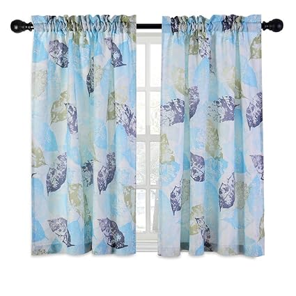 Lanehua Home Thermal Insulated Elegant Small Curtain Drapes Room Darkening Rod Pocket Functional Small Window Kitchen Curtain Tier Set Blue Leaves