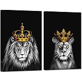 iHAPPYWALL 2 Pieces Set Lion and Lioness Canvas Wall Art Black and White Lion with Gold Crown King Animal Picture Artwork for Bedroom Home Decor Ready to Hang 16x24inchx2pcs