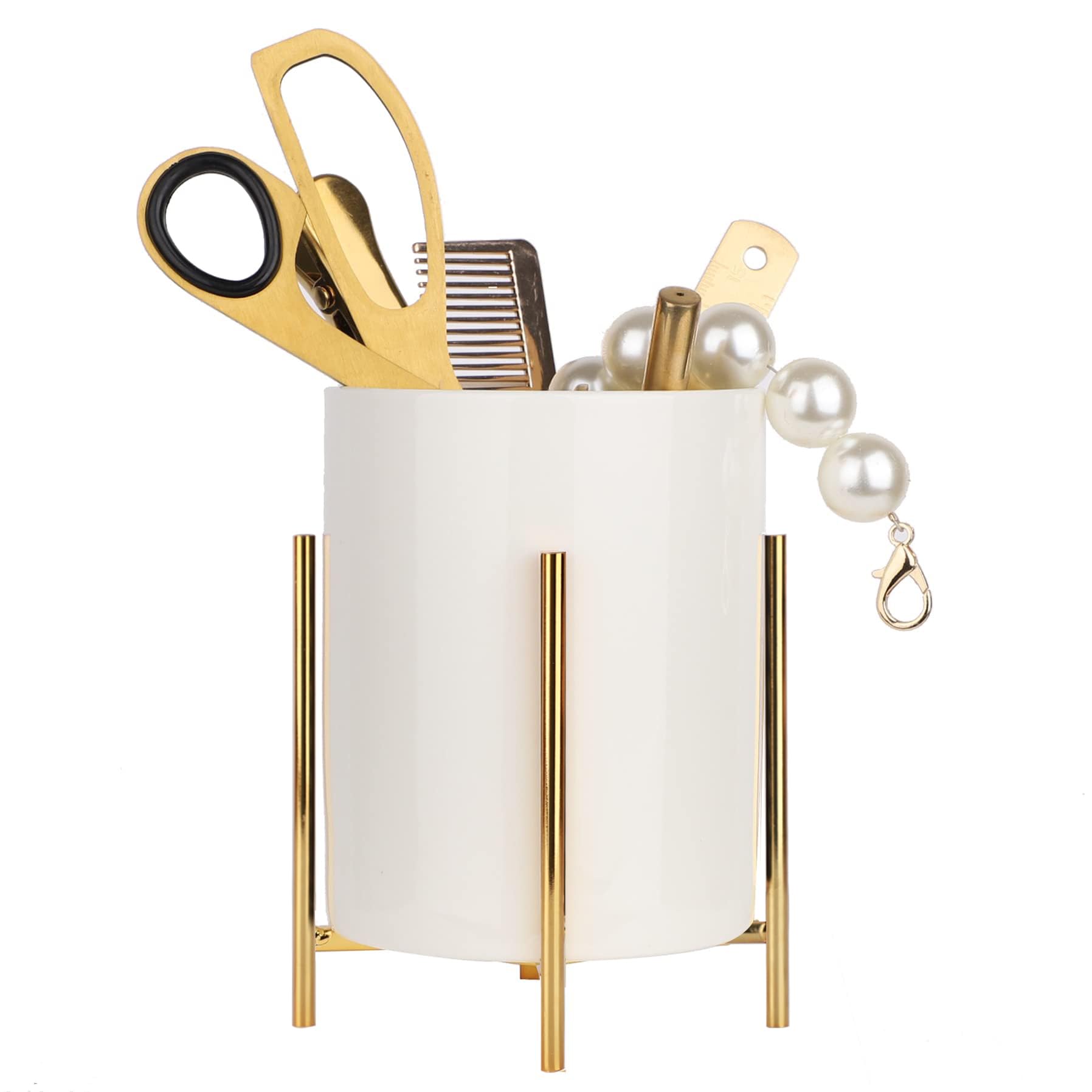 LOUIE SILNA Ceramic Desktop Organizer Cup with Metal Frame for Stationery, Makeup Brushes & Office Supplies, Modern Desk Tidy for Home & Office（White & Gold）
