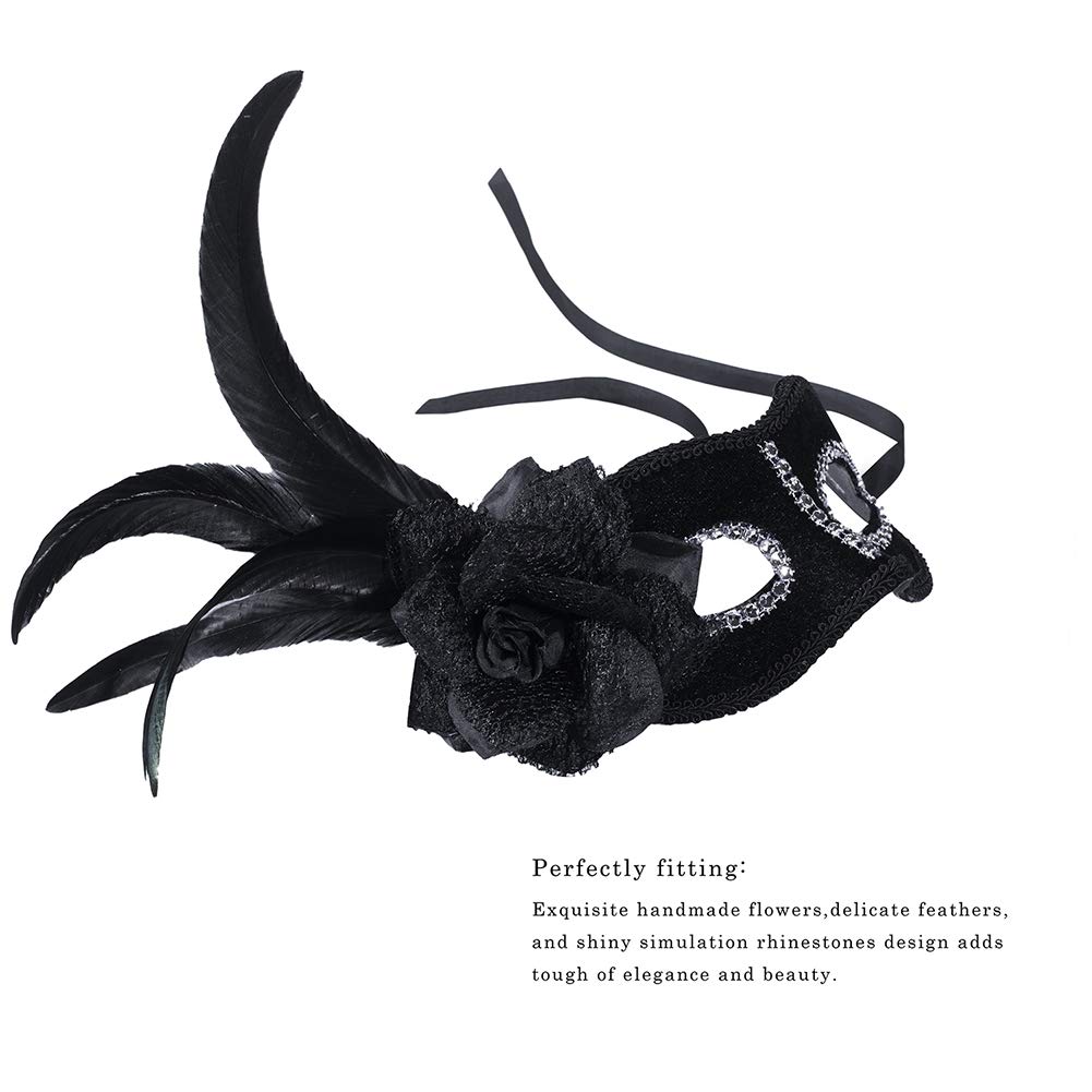 Black Masquerade Mask for Women, Eye Costume Masks - with Shiny Rhinestone Flower Feather (2_Black)