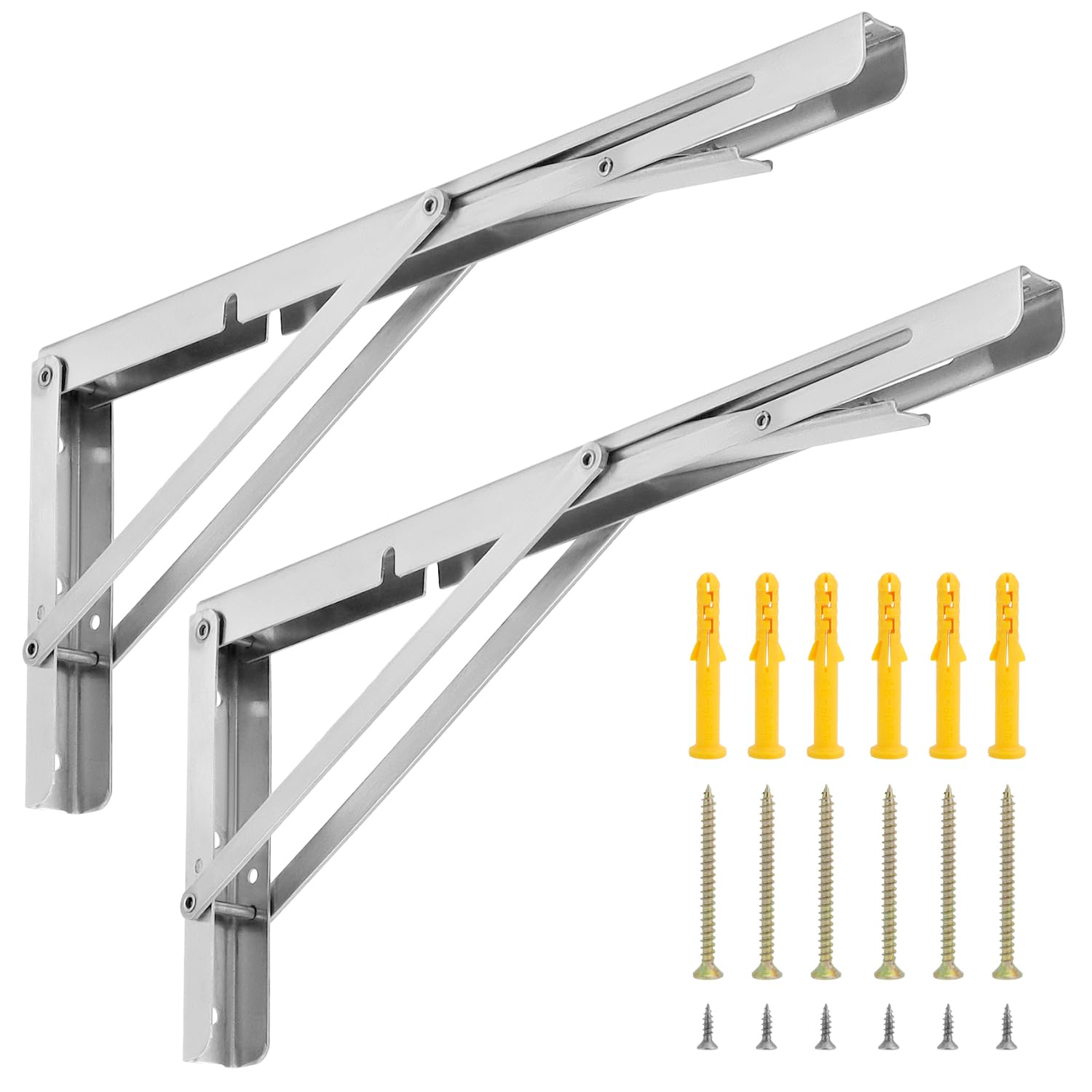 QWORK® 2 Pack 16" Heavy Duty Folding Shelf Brackets for Wall Mounted Folding Tables Benches Shelves - Stainless Steel - Max Load 150kg I 330lb