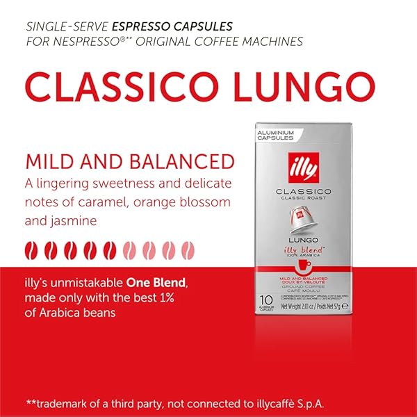 ILLY ESPRESSO COMPATIBLE CAPSULES – SINGLE-SERVE COFFEE CAPSULES & PODS – CLASSICO LUNGO ROAST – NOTES OF CARAMEL, ORANGE BLOSSOM & JASMINE COFFEE PODS – FOR NESPRESSO COFFEE MACHINES – 10 COUNT