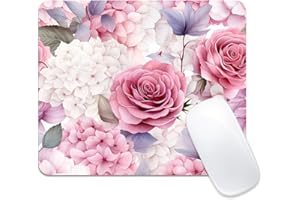 9.44x7.87 inches Mouse Pad, Pink Rose Hydrangea Floral Print, Anti-Slip Rubber Base Easy Gliding Spill-Resistant Computer Mou
