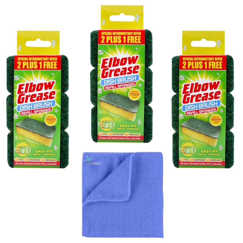 Elbow Grease Dish Brush Refill - Heavy Duty Green Refill Sponges Cleaning Scourer (3 x3) 9 Refill -With 1Microfiber Cloth
