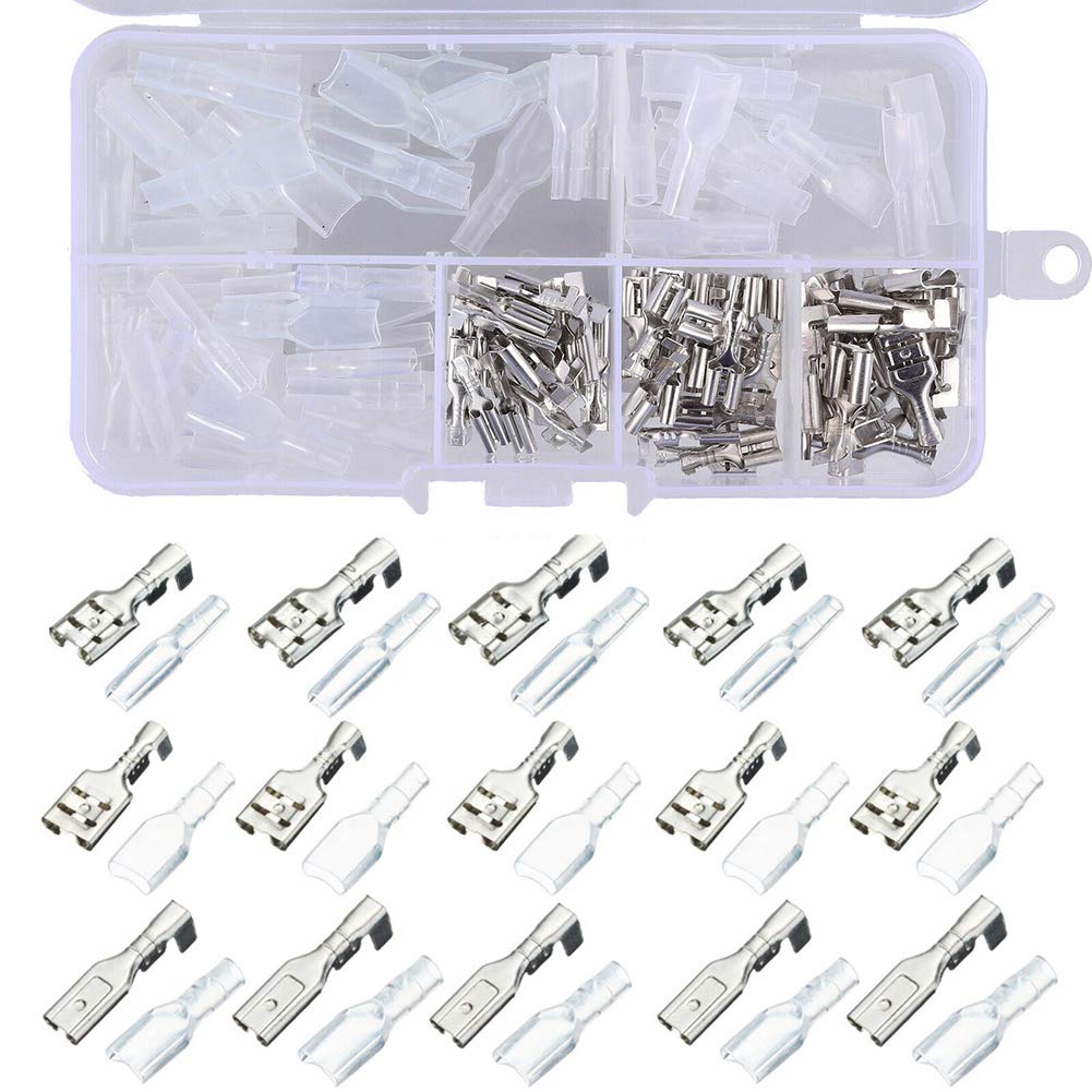 Gasea 120pcs Crimp Terminals Female Spade Connector Wire Terminal Kit with Insulating Sleeves 2.8mm 4.8mm 6.3m