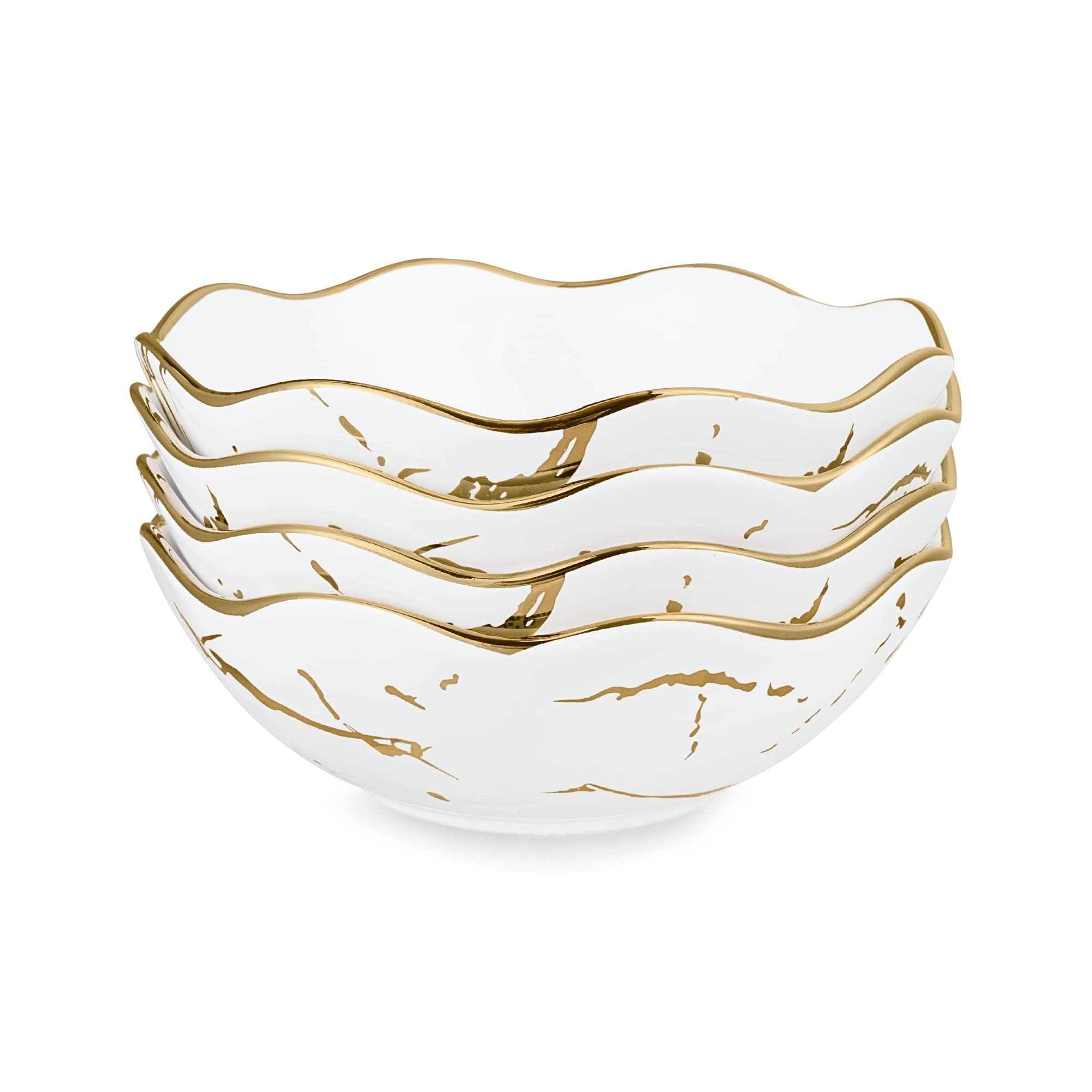 fanquare Gold Marble Large Salad Bowls Set of 4, Porcelain Wave Shaped Pasta Bowls, Ceramic Dessert Bowls for Housewarming Gifts