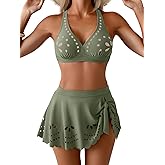 Eomenie Women's High Waisted Bikini Sets Tummy Control V Neck Two Piece Swimsuit Cutout Tie Back Bathing Suit with Skirt