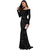 Mimyau Women’s Sparkly Sequin Mermaid Prom Dress Off The Shoulder Long Sleeves Formal Evening Gown