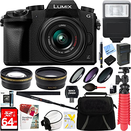 Panasonic-LUMIX-G7-Interchangeable-Lens-4K-Black-DSLM-Camera-with-14-42mm-Lens-64GB-SDXC-Memory-Card-Gadget-Bag-52mm-Filter-Kit-Flash-Microfiber-Cloth-Card-Reader-Mini-Tripod-More