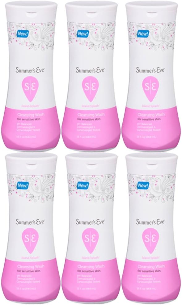 Summer Eve Wash Island Splash Cleansing Wash 12 Ounces (6 Pack) with 5" Exfoliating Mesh Pouf Shower Sponge Tri color Pink and Yellow by Draizee