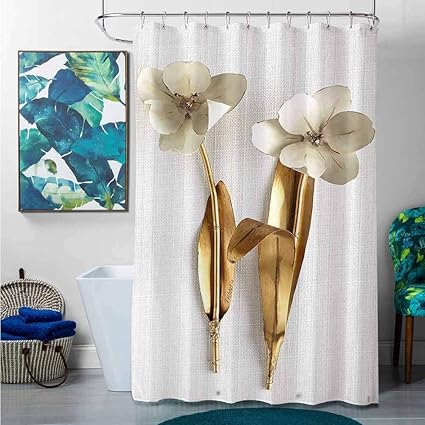 Cortina de ducha verde azulado para baño 3D render hojas doradas y