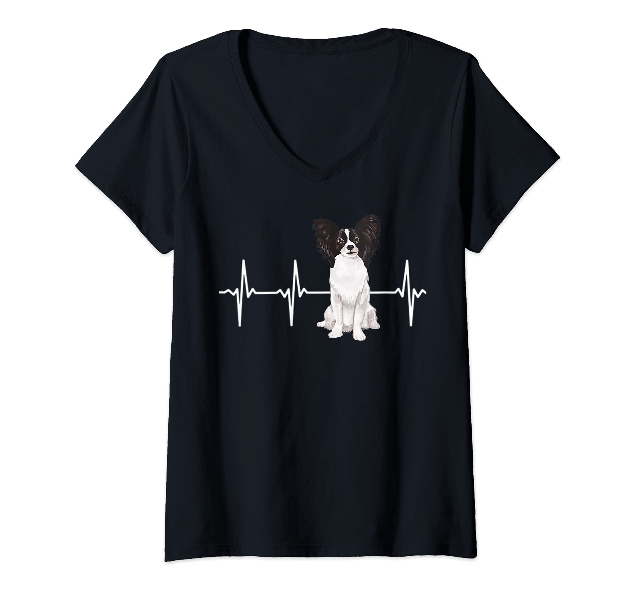Womens Papillon Heartbeat Dog Lover V-Neck T-Shirt