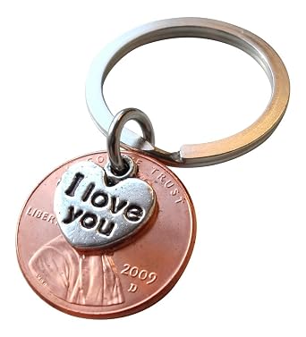 I Love You Heart Charm Layered Over 2009 US One Cent Penny Keychain, 9 Year Anniversary Gift, Birthday Gift, Couples Keychain
2009