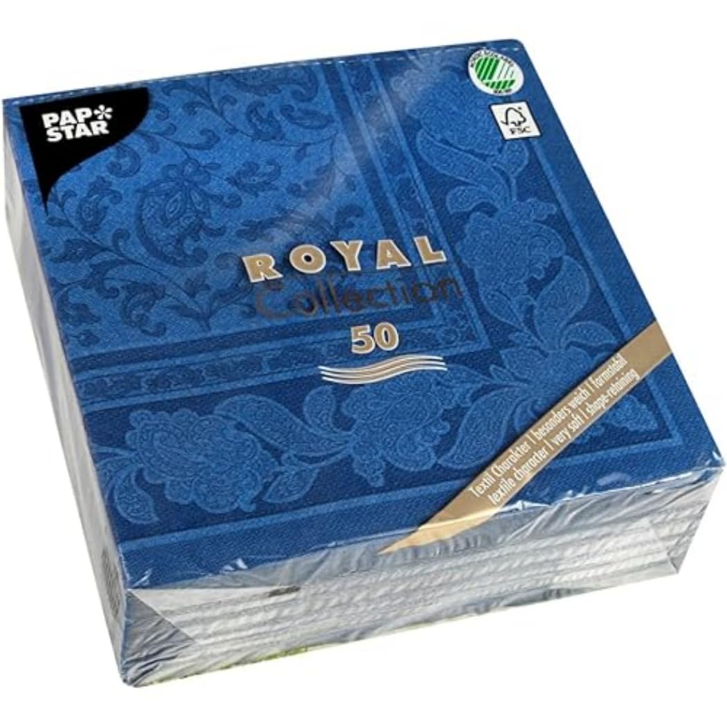 Papstar 11665 50 Serviettes ROYAL Collection 1/4-fold 40 cm x 40 cm, Dark Blue With Ornamental Design