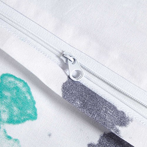 Watercolor Duvet Cover Set, 100% Cotton Bedding, Teal Blue Yellow Gray Painting Pattern Printed on White, with Zipper Closure (3pcs, Queen Size) - Thumbnail 4