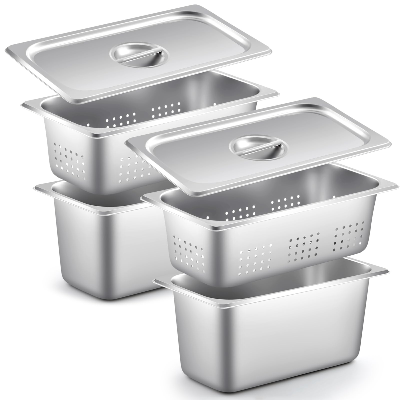 Photo 1 of Mifoci 6 Pcs Full Size Hotel Pan with Lid Set Include 2 Stainless Steel Pan, 2 Perforated Steamer and 2 Steam Table Pot Cover for Restaurant Kitchen Supplies (1/3 Size)