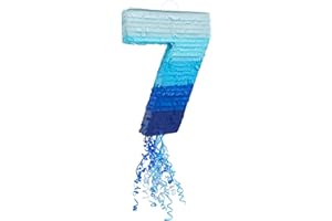 Number 7 Pull String Pinata for Boys 7th Birthday Party Decorations, Ombre Blue (16.5 x 11.35 In)