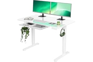 INNOVAR Glass Standing Desk with Drawers, 48×24 Inch Adjustable Stand Up Desk Quick Install Home Office Computer Desk, White