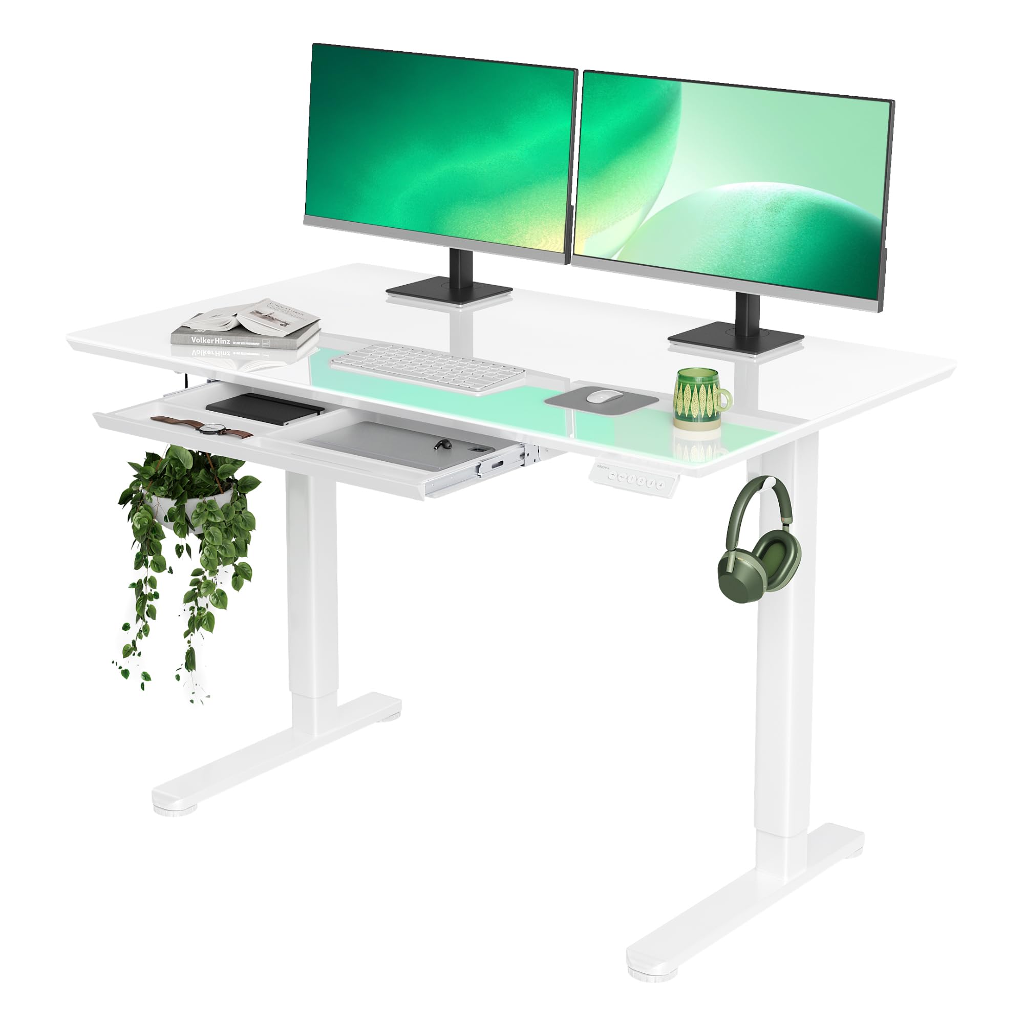 Photo 1 of INNOVAR Glass Standing Desk with Drawers, 48×24 Inch Adjustable Stand Up Desk Quick Install Home Office Computer Desk, White