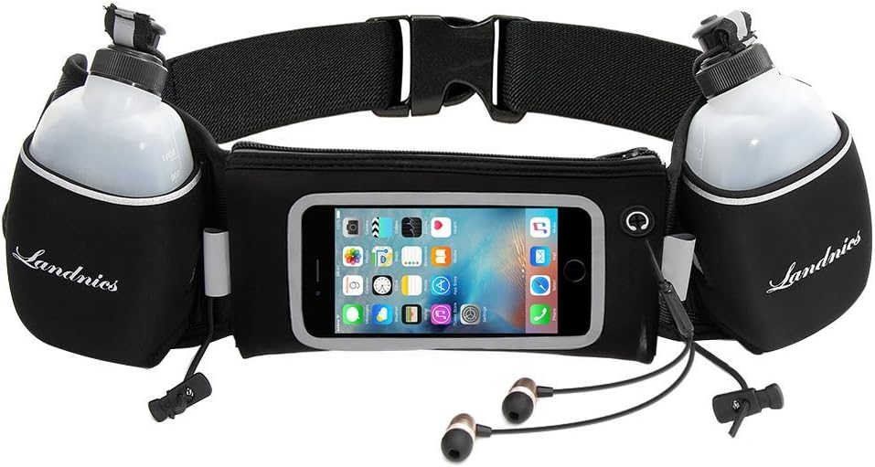 Landnics Running Belt, Hydration Running with Two 12oz BPA-Free Leak-Proof Water Bottles W Touchscreen Zipper Pockets Fitness Workout Belt, Fits For 6 6S 6 Plus 7 7S/Plus &Smartphones