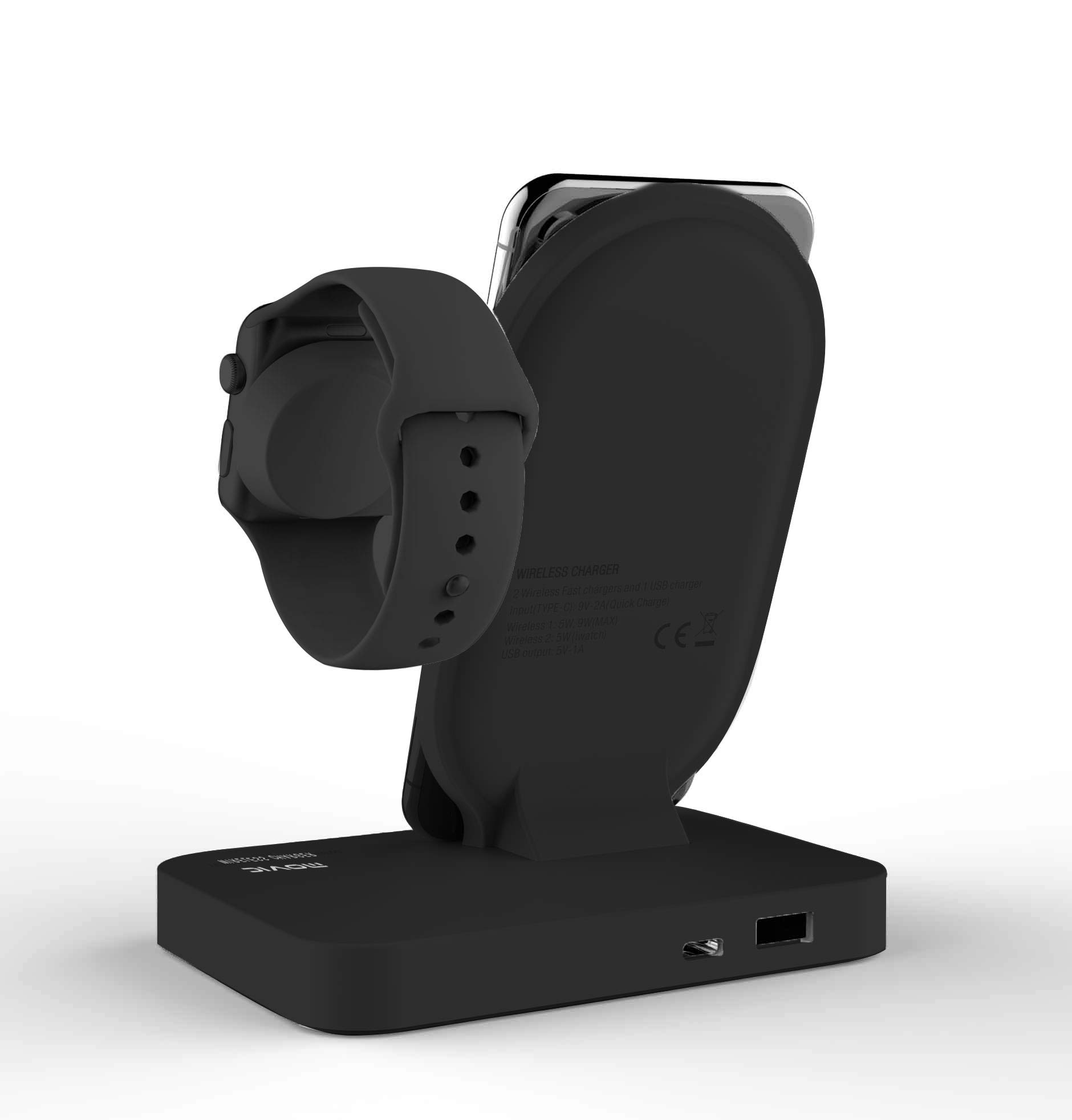 Movic 2 in 1 Qi Wireless Fast Charging Station (QC 3.0 Adaptor Included) Pad Dock for Apple Watch Series 1/2/3/4 iPhone 8/X/XS/XR, Samsung Galaxy and All Qi Enabled Devices MFi-Certified - (Black)