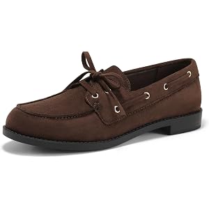 Coutgo Loafers for Women Slip On Flats Lace Up Closed Toe Boat Shoes | Comfortable, Block Low Heel, Non-Slip, Faux Suede, Moc