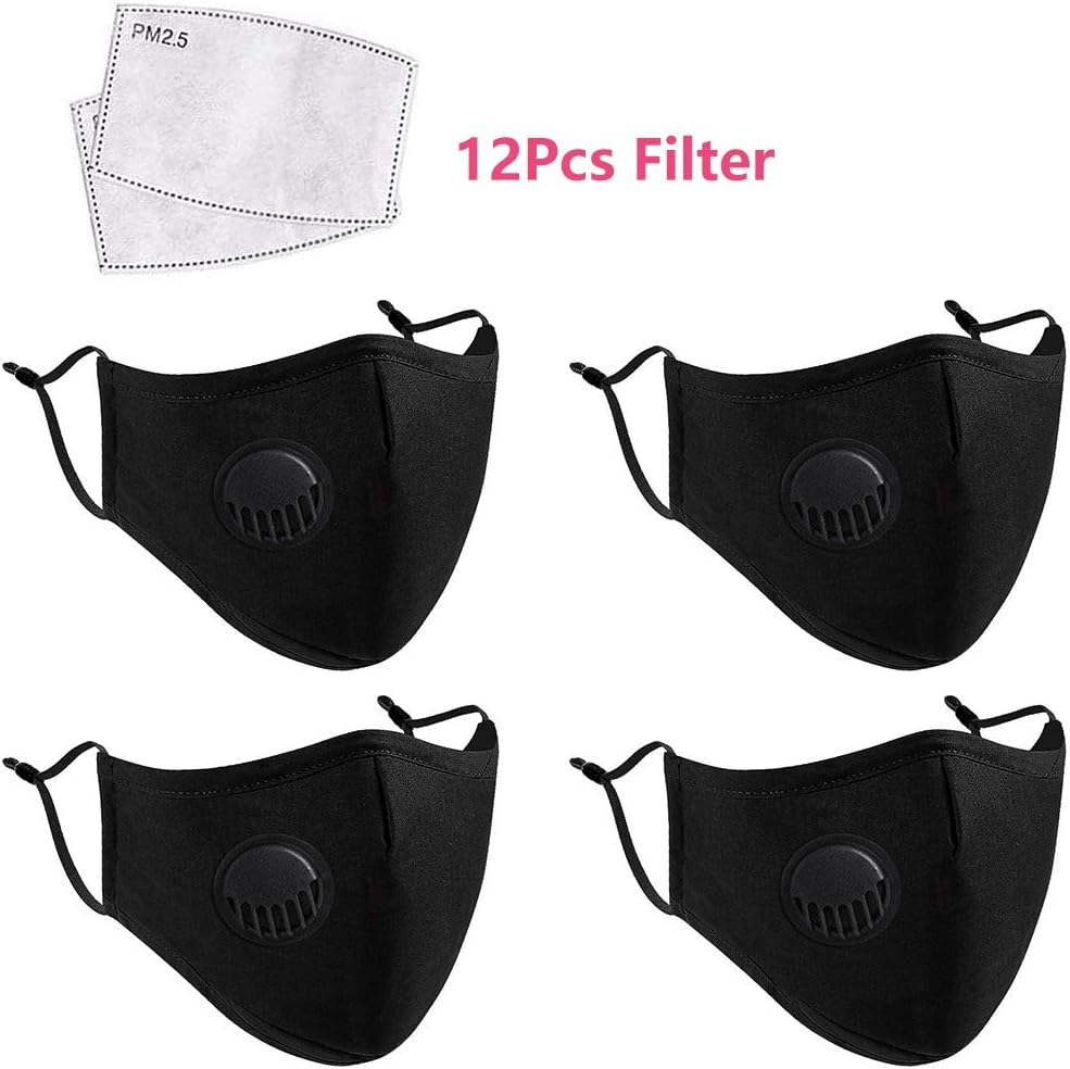 4 Pack Face Masks with 12 Filters Pad, Anti Dust Mask with Breathing Valve,Skin-friendly Unisex Mouth Mask, Reusable & Washable Masks for Running, Cycling, Outdoor Activities (Black)