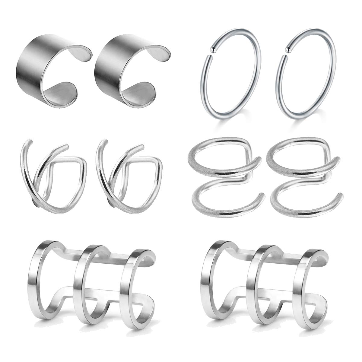 AVYRING 5 Pairs Stainless Steel Ear Cuff Earrings for Women Girls Non Piercing Jewelry Fake Helix Cartilage Earring Set - Silver