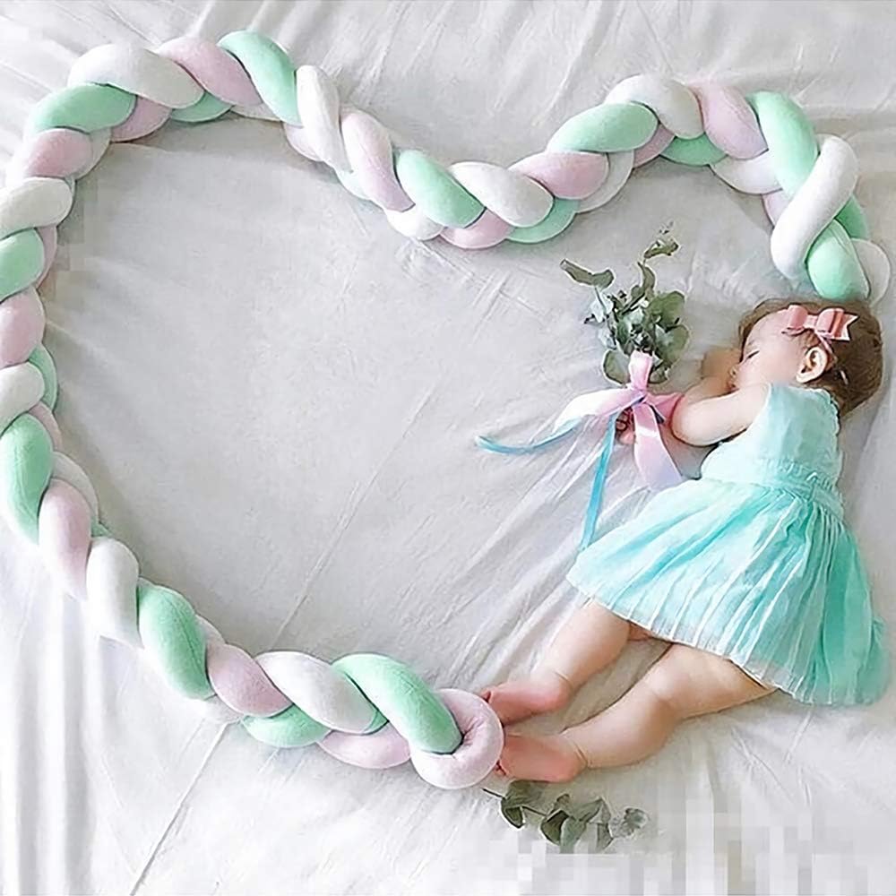 Infant Soft Pad Braided Crib Bumper Knot Pillow Cushion Cradle Decor for Baby Girl and Boy (White-Rose-Green, 157")