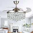 RuiWing 42" Crystal Ceiling Fan with Lights, Modern Remote Control Fandelier Retractable Blades 3 Light Color Change Chandelier 3 Speeds Silent Fan Lighting Fixtures for Living/Dinner Room Bedroom